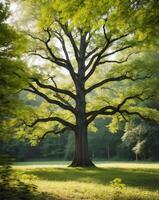 A large tree in the middle of a green field photo