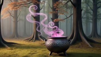 A cauldron with smoke coming out of it in the woods photo