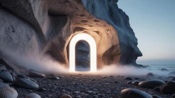 A tunnel in the sand with a light coming out of it photo