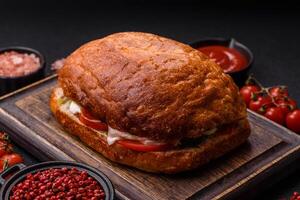 Ciabata with jamon or prosciutto, tomatoes, cheese and lettuce photo