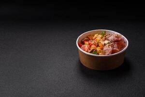 Appetizing salad with prosciutto, pumpkin, cheese and tomatoes photo