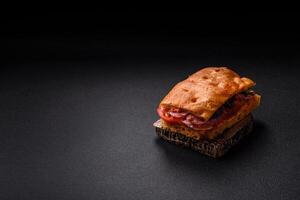 Focaccia with salami, cheese, tomatoes, arugula, salt, spices and herbs photo