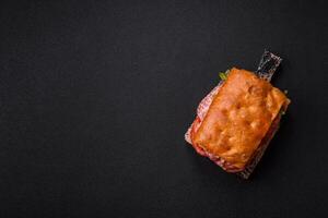 Focaccia with salami, cheese, tomatoes, arugula, salt, spices and herbs photo