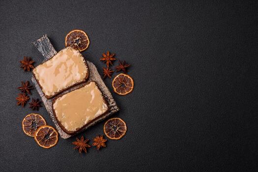 Sandwiches with toast bread, peanut butter and raspberry or strawberry jam photo