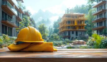 Safety gear on sunny construction site. A yellow construction helmet rests on a wooden table near a building site surrounded by trees and mountains under clear skies. photo