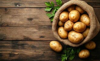 Fresh potatoes in burlap on wood. A burlap sack filled with freshly harvested potatoes rests on a rustic wooden table, complemented by fresh parsley. photo