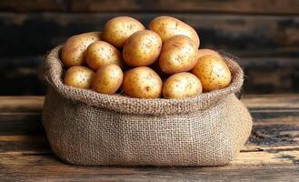 New potatoes in burlap on wood table. A burlap sack filled with freshly harvested potatoes rests on a rustic wooden table, showcasing their natural earthy tones. photo