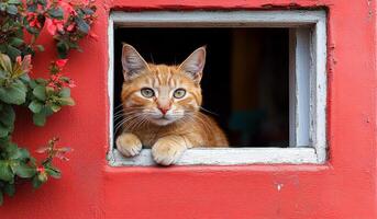 Orange cat peeking through a sunny window. An orange cat curiously peers out of a small window, framed by vibrant flowers, on a bright, sunny day. photo