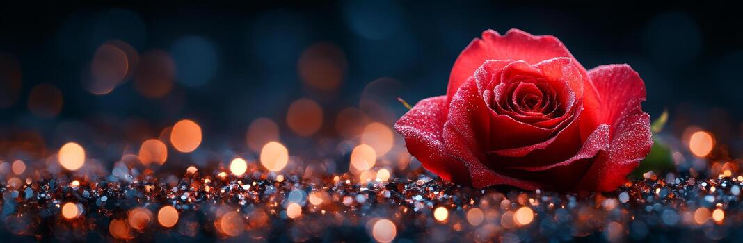 A single red rose with glimmering beads of water. A red rose rests elegantly on a dark surface, adorned with glimmering droplets, creating a romantic and serene atmosphere. photo