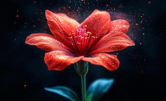 Red flower blooms on dark background. A striking red flower showcases its vivid petals, set against a black backdrop, creating a captivating and enchanting atmosphere. photo