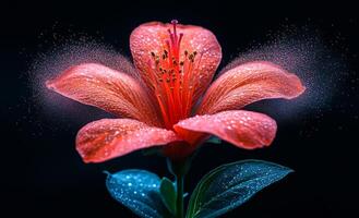 Red flower with droplets on dark backdrop. A stunning red flower with intricate petals and sparkling droplets contrasts beautifully against a dark backdrop. photo