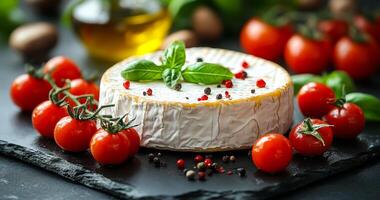 Herbed cheese and tomatoes on slate. Camembert. A plate of creamy cheese surrounded by ripe cherry tomatoes and fresh basil leaves, highlighting a vibrant culinary arrangement. photo