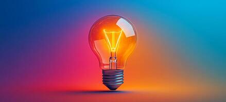 Bright bulb on a colorful background. The brass light bulb emits a warm glow against a colorful gradient, creating a striking visual contrast at twilight. photo