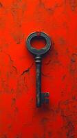Vintage key hanging on a textured red wall. An old metal key is secured with a red thread against a vibrant red textured wall, creating a striking visual contrast. photo