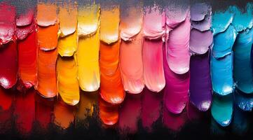 Vibrant abstract with colorful strokes. Bright, thick paint strokes in rainbow colors blend together, showcasing creativity and energy in a vibrant abstract form. photo