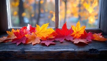 Vibrant autumn leaves resting on a windowsill. Colorful red and orange autumn leaves are placed on a rustic windowsill with sunlight filtering through the window. photo