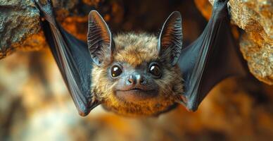 Bat hanging on rock at dusk. A small bat with wide eyes is suspended upside down from a rocky ledge, showcasing its unique features in evening light. photo