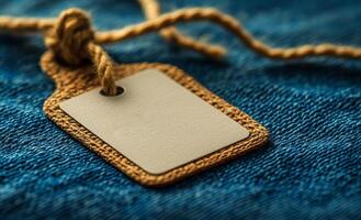 Tag on blue fabric for labeling. A plain tag rests on a textured blue fabric, perfect for labeling items or showcasing a price. photo