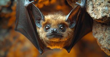 Cute bat hanging upside down on a rocky surface. A small, adorable bat hangs upside down from a rocky surface, showcasing its large eyes and fluffy fur in warm lighting. photo