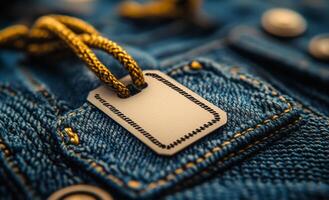 Close-up of a clothing tag on denim fabric. A detailed view of a clothing tag attached to textured blue denim, capturing the stitches and golden threads clearly. photo