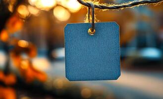 Blank tag hanging on a string in autumn sunlight. A blank tag is suspended from a string, glowing in the warm autumn light, surrounded by blurred colorful leaves. photo