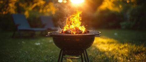 Evening barbecue with a glowing fire at sunset. A barbecue grill filled with burning logs captures the warm glow of the sun setting in the background on a serene evening. photo