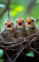 Nestling birds calling for food in a green garden. Three young birds in a nest eagerly open their beaks, waiting for food while surrounded by vibrant green foliage. photo