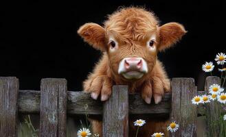 Curious calf peeking over a wooden fence in spring. A young calf with fluffy fur curiously leans over a rustic fence, surrounded by blooming daisies in a peaceful spring setting. photo