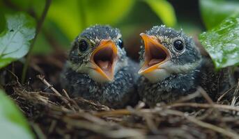 Two baby birds chirping in a nest among leaves. Two nestling birds are calling out with open beaks, surrounded by green foliage on a sunny day in their natural habitat. photo