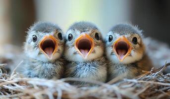 Three baby birds chirping in their cozy nest. Three adorable baby birds with open mouths chirp for food while nestled together in a soft, cozy nest. photo
