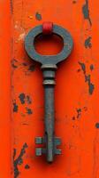 Old key on weathered orange backdrop. A large vintage key with a red ribbon sits against a vibrant, chipped orange backdrop, showcasing its intricate design and texture. photo