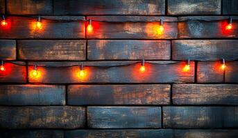 String lights shine on weathered wood wall. Twinkling orange lights shine against a rustic wooden wall, creating a warm and inviting atmosphere for evening gatherings. photo
