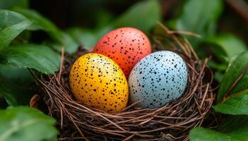 Speckled eggs in a nest of leaves. Three colorful speckled eggs sit nestled in a natural nest among vibrant green leaves, showcasing a peaceful spring setting. photo