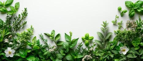 Herbs and greens on a light backdrop. A variety of fresh herbs and greens arranged beautifully on a clean white surface, showcasing their vibrant colors and textures. photo