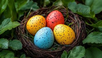 Colorful Easter eggs in a nest on green grass. Brightly colored eggs rest in a nest surrounded by lush green grass, capturing the essence of Easter celebrations in springtime. photo