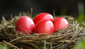 Nest with bright red eggs resting on green grass. Four vibrant red eggs are nestled in a twig and grass nest, set against a soft green background, showcasing a springtime feel. photo