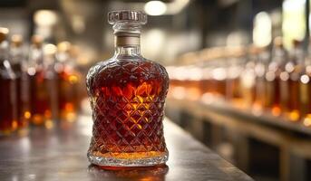 Amber liquid in elegant glass decanter. A beautifully crafted decanter stands on a countertop, showcasing a deep amber liquid amidst a backdrop of similar bottles. photo