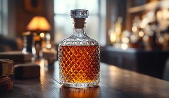 Elegant crystal decanter filled with amber whiskey. A beautifully crafted crystal decanter showcasing rich amber whiskey sits on a rustic wooden table in a cozy bar setting. photo