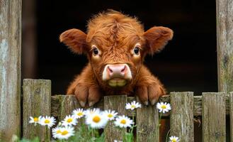 A baby cow is looking at the camera through a wooden fence. The fence is surrounded by a field of daisies photo