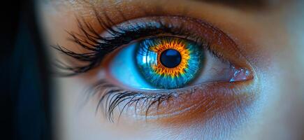 A woman's eye is shown in a blue and orange color. The eye is surrounded by a green iris. The eye is open and the woman's face is in focus photo
