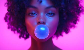 A woman with curly hair is blowing bubbles. The bubbles are blue and the woman is looking at the camera. The image has a fun and playful mood photo