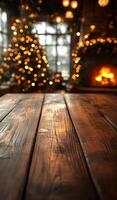 A wooden table with a Christmas tree in the background. The table is empty and the tree is lit up with lights. Scene is warm and festive, with the Christmas tree adding a sense of holiday cheer photo