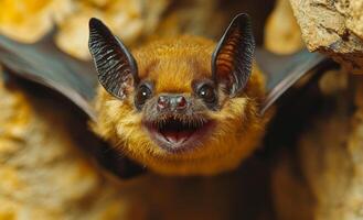 A bat is flying and has its mouth open. The bat is brown and has black ears photo