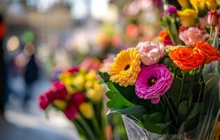A bouquet of flowers with a variety of colors including yellow, pink, and orange. The flowers are arranged in a vase and are displayed in a shop window photo