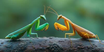 Two mantis insects are fighting on a branch. The green one is on the left and the yellow one is on the right photo