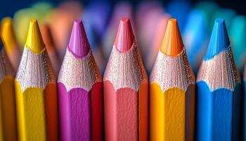 A row of pencils with different colors. The pencils are lined up next to each other photo