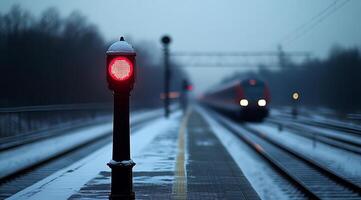 A red light is on a pole at a train station. The train is in the background. The image has a mood of quietness and stillness photo