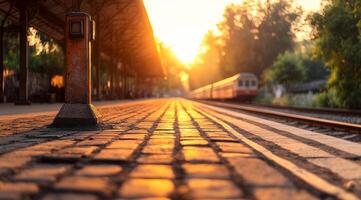 A train is sitting on the tracks at a train station. The sun is setting in the background, casting a warm glow over the scene. The train is surrounded by a brick walkway, and there are several benches photo