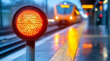 A red traffic light is lit up next to a train station. The train is approaching the station and the light is warning the passengers to stop photo