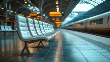 A train station with a row of white chairs. The chairs are empty and the train is in the background photo